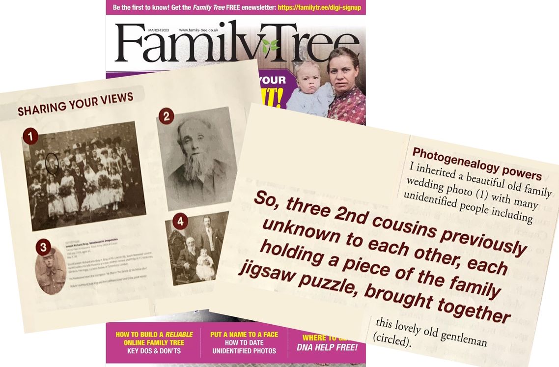 The cover of Family Tree magazine with two clippings from inside resting on the cover