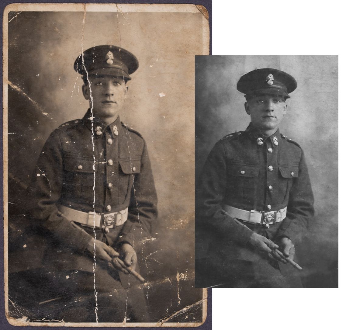 Before and after images of a digital restoration of a damaged photo of a young soldier