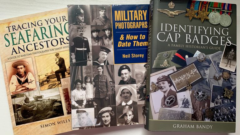 3 books called tracing your seafaring ancestors, Military photographs, and Identifying cap badges