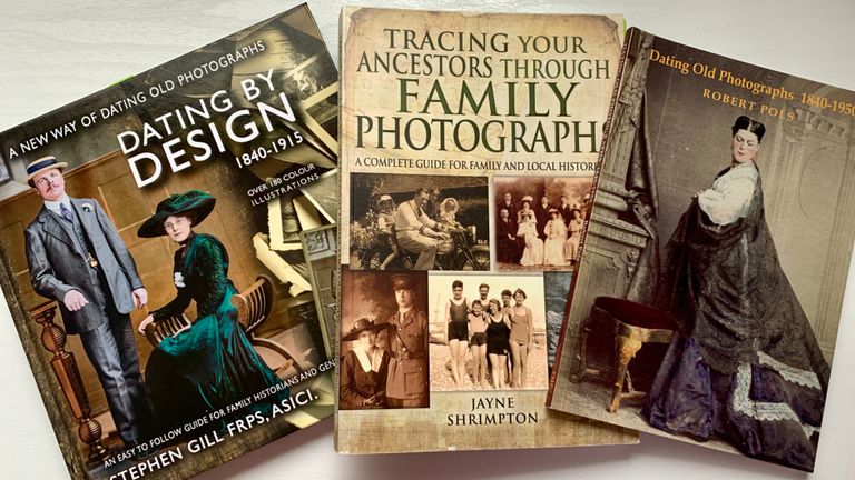 3 books called Dating by design, Tracing your ancestors through family photographs, and Dating old photographs