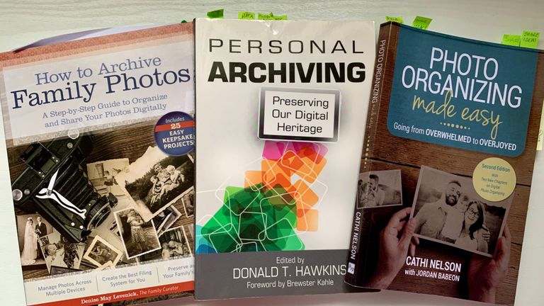 3 books called How to archive family photos, Personal archiving, and Photo organizing made easy