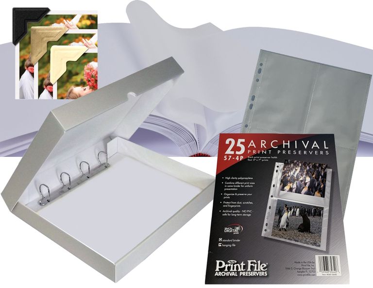 A traditional album, a box ring binder and photo sleeves