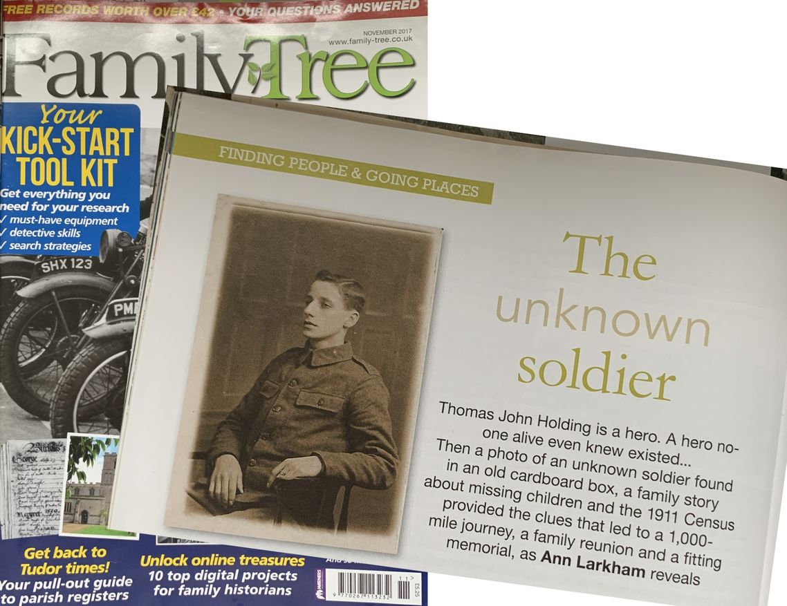 The cover of Family Tree magazine with a clipping from inside resting on the cover